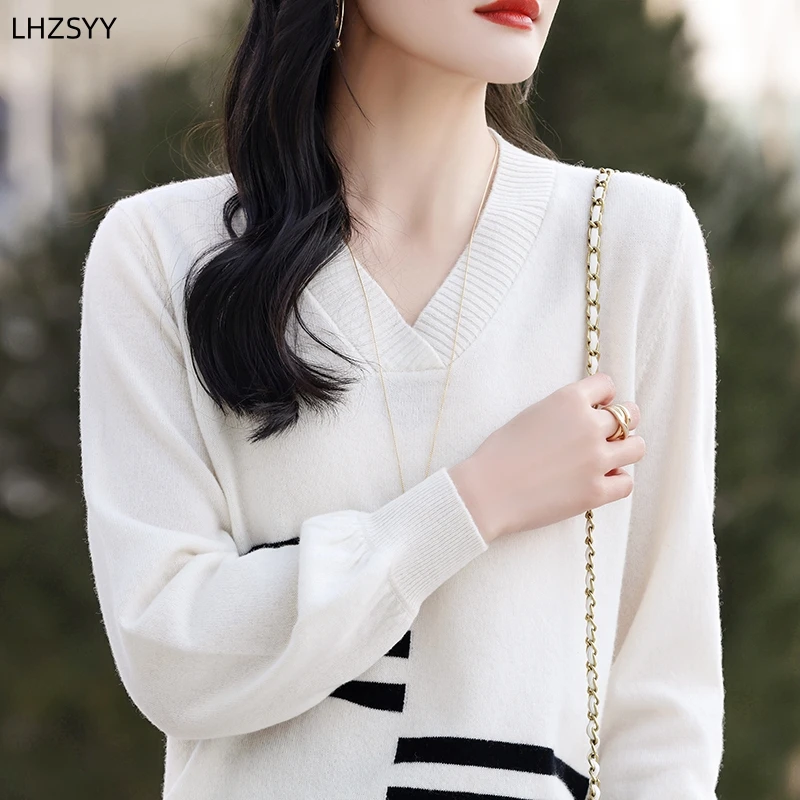 LHZSYY 100%Merino Woollen Sweater Ladies Fashion Bubble Sleeves Pullover Loose New Collision Color Blouse Jacket Knit Base Shirt