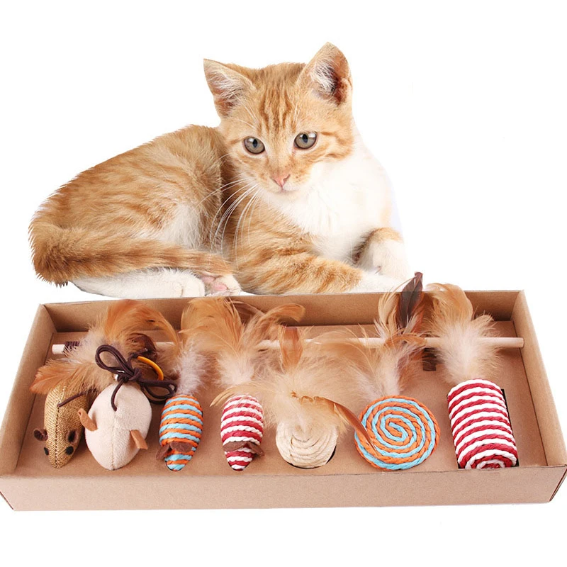 

Hot sell cat toy set combination funny cat stick feather bell ball sisal pet toy