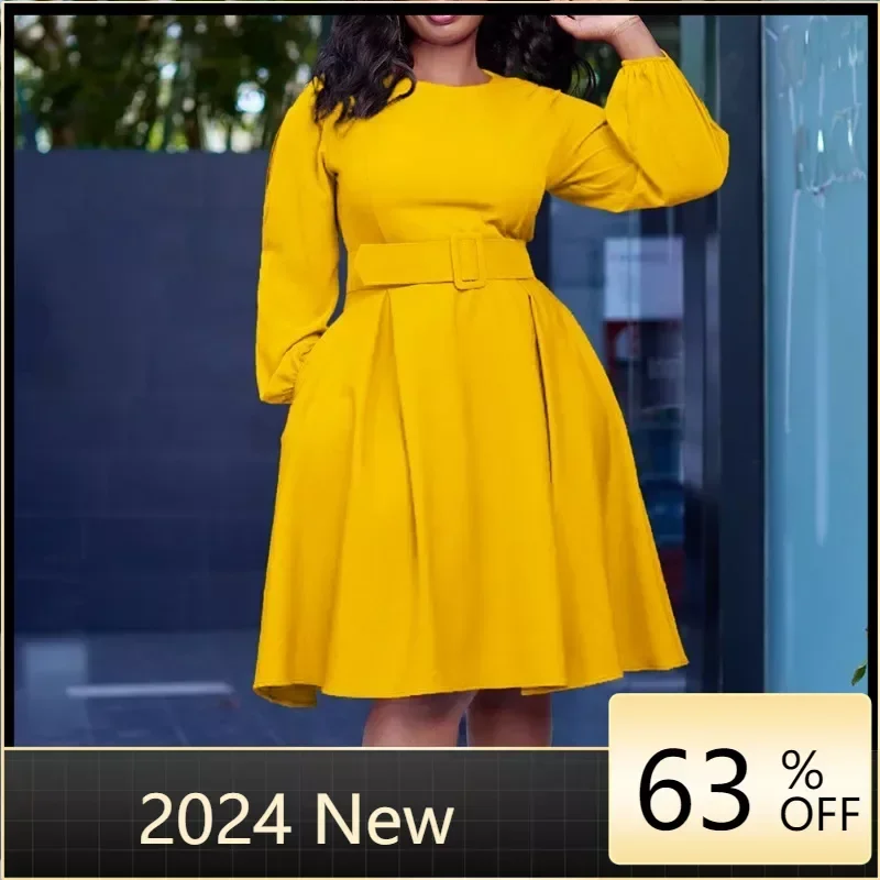 

20234 Autumn African Dresses for Women Elegant African Long Sleeve O-neck Polyester White Yellow Blue Party Dress with belt