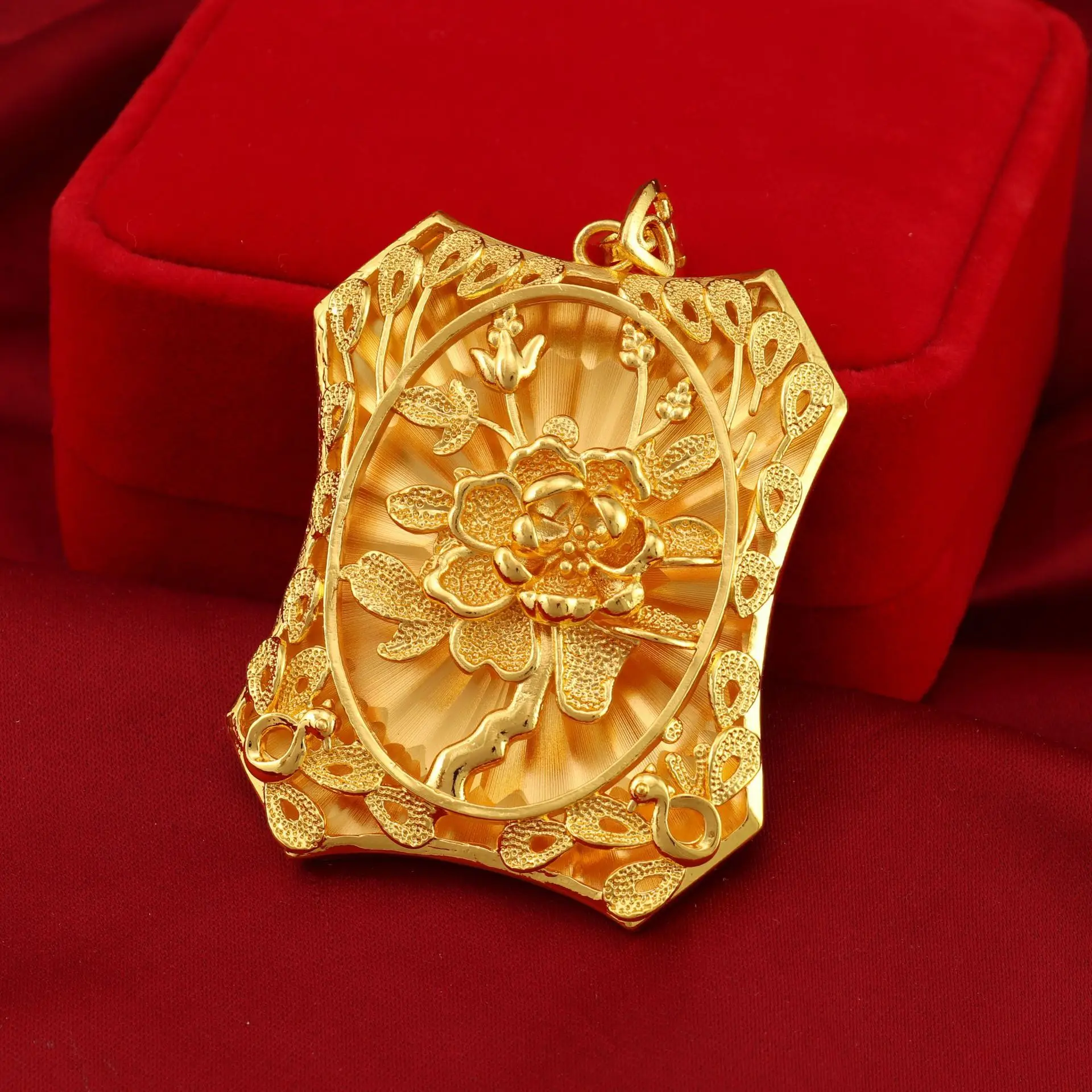 

Luxury 24K 9999 Pure Gold real gold Peony smooth square pendant three-dimensional relief flower pendant