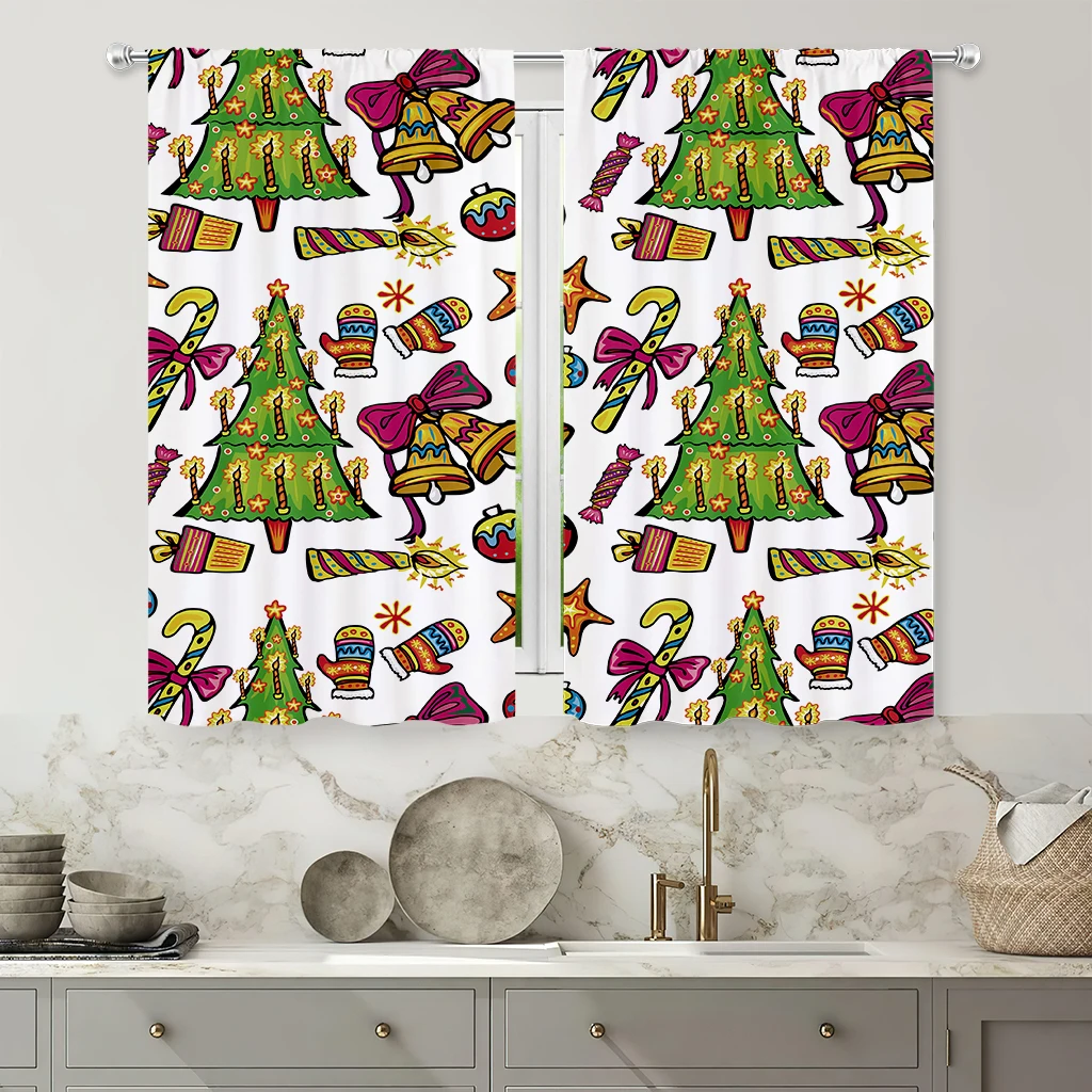 2pcs Curtains With Cartoon Christmas Tree Print, Christmas Decorations, Curtains For Children's Rooms, Holiday Gifts