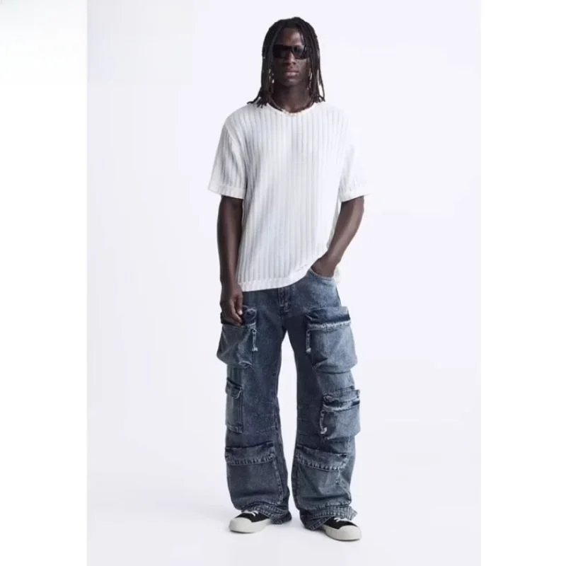 2023 New Style Men's And Women's Loose Long Denim Jeans Multiple Pockets Trendy Individual Wasteland Style Modern Wind