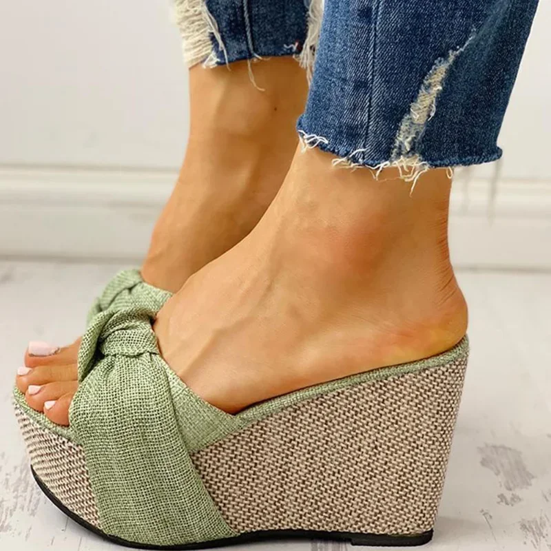 Sandali da donna Summer Denim Butterfly Knot Platform zeppe tacco alto Peep Toe Casual Fashion Beach scarpe da donna Zapatos De Mujer