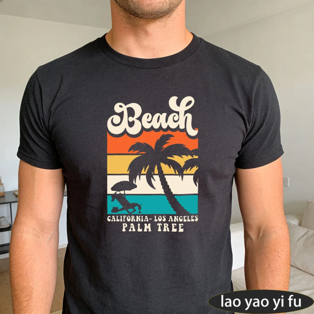 Beach Summer Palm Tree Vintage Surf Design Men T-Shirt Distressed 70s Retro Style Unisex Shirt Beach Lover Casual Daily Outfit