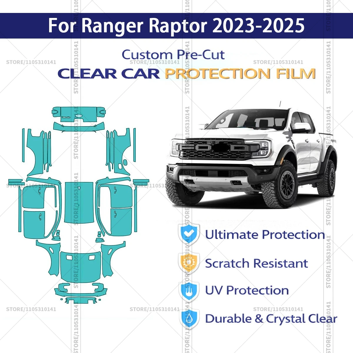 For Ranger-Raptor-2023-2025 Pre-Cut Paint Protection Film PPF Transparent Car Film Professional Automotive PPF Full Vehicle