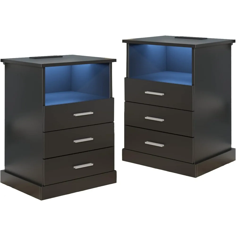 

Black LED Nightstand with Charging Station, Side Table with 3 Drawers and Light, End Table with Open Storage, Beside Cabinet