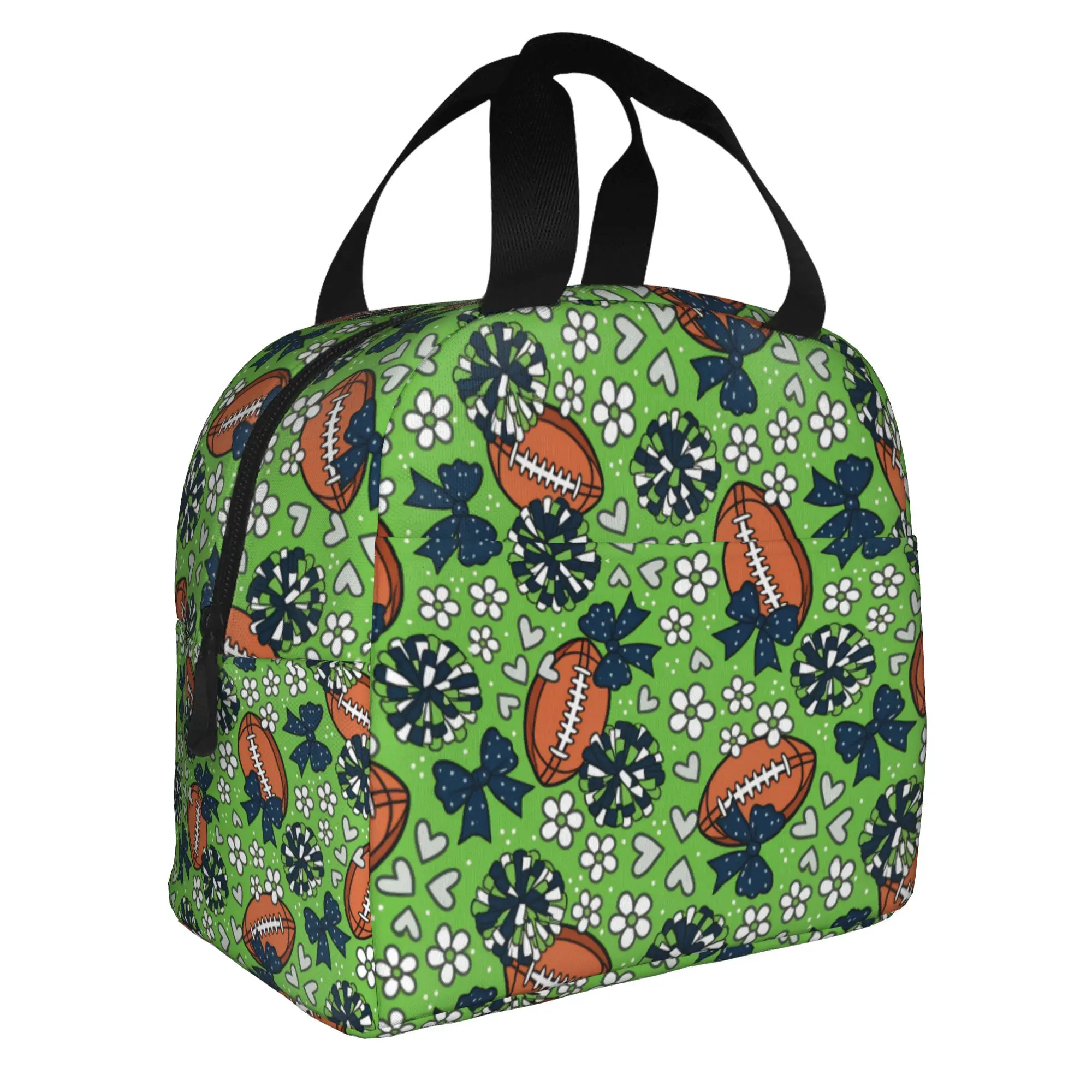 Football Cheer Bows Rugby Union  Lunch Bag Women Lime Green Blue Cooler Thermal Insulated Lunch Box for School