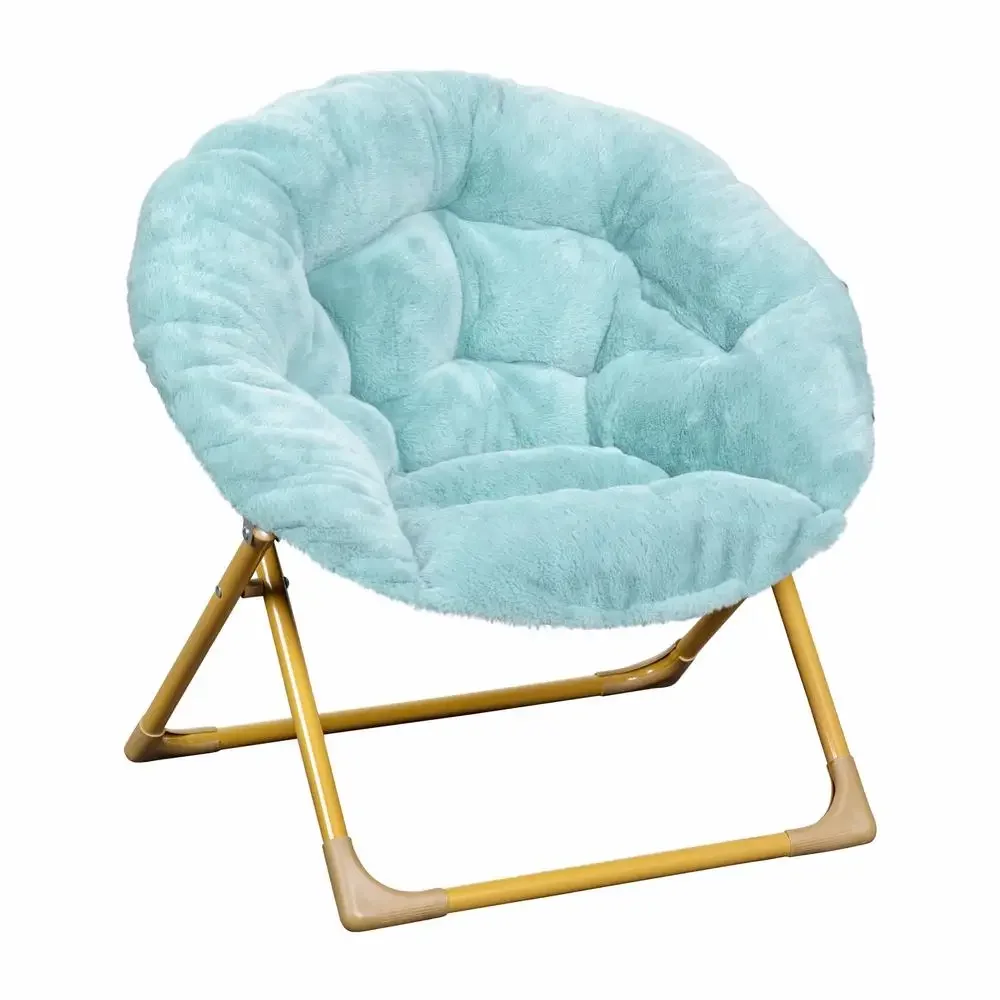 

Kids Cozy Mini Folding Saucer Chair Faux Fur Moon Chair Toddlers Bedroom Dusty Aqua Gold Steel Frame 150 lbs. Static Weight Safe
