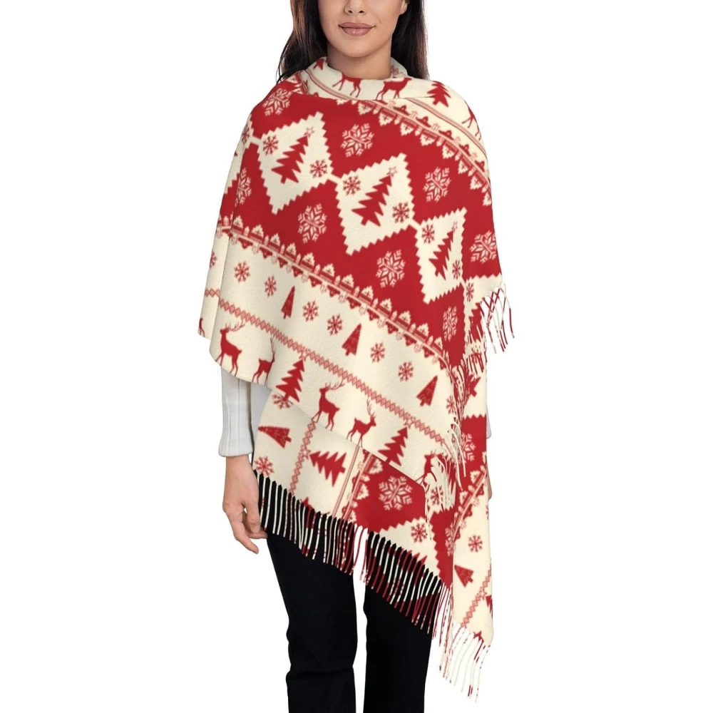 

Винтажный рождественский шарф с красным оленем и цветочным принтом для женщин, шарф Санта-Клауса, шарфы с кисточками, модные мягкие клетчатые теплые длинные шарфы на Рождество