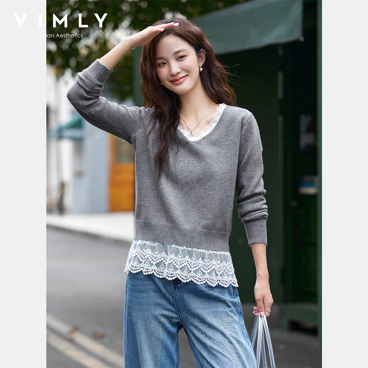 

VIMLY Women's Knitting V-neck Sweater Autumn 2025 Grey Elegant Lace Splicing Hem Pull Femmes Casual Slim Ladies Pullovers 75096