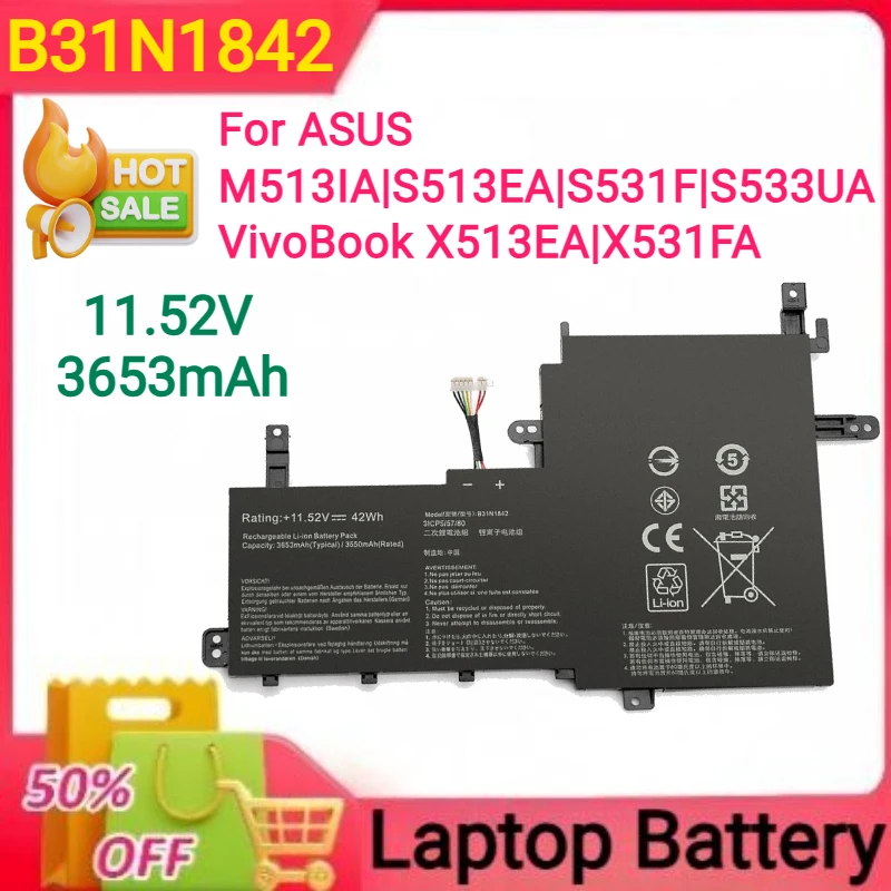 11.52V 3653mAh B31N1842 untuk 15 F513EP | K513E | KM513UA untuk ASUS M513IA | S513EA | S531F | S533UA VivoBook X513EA | X531FA