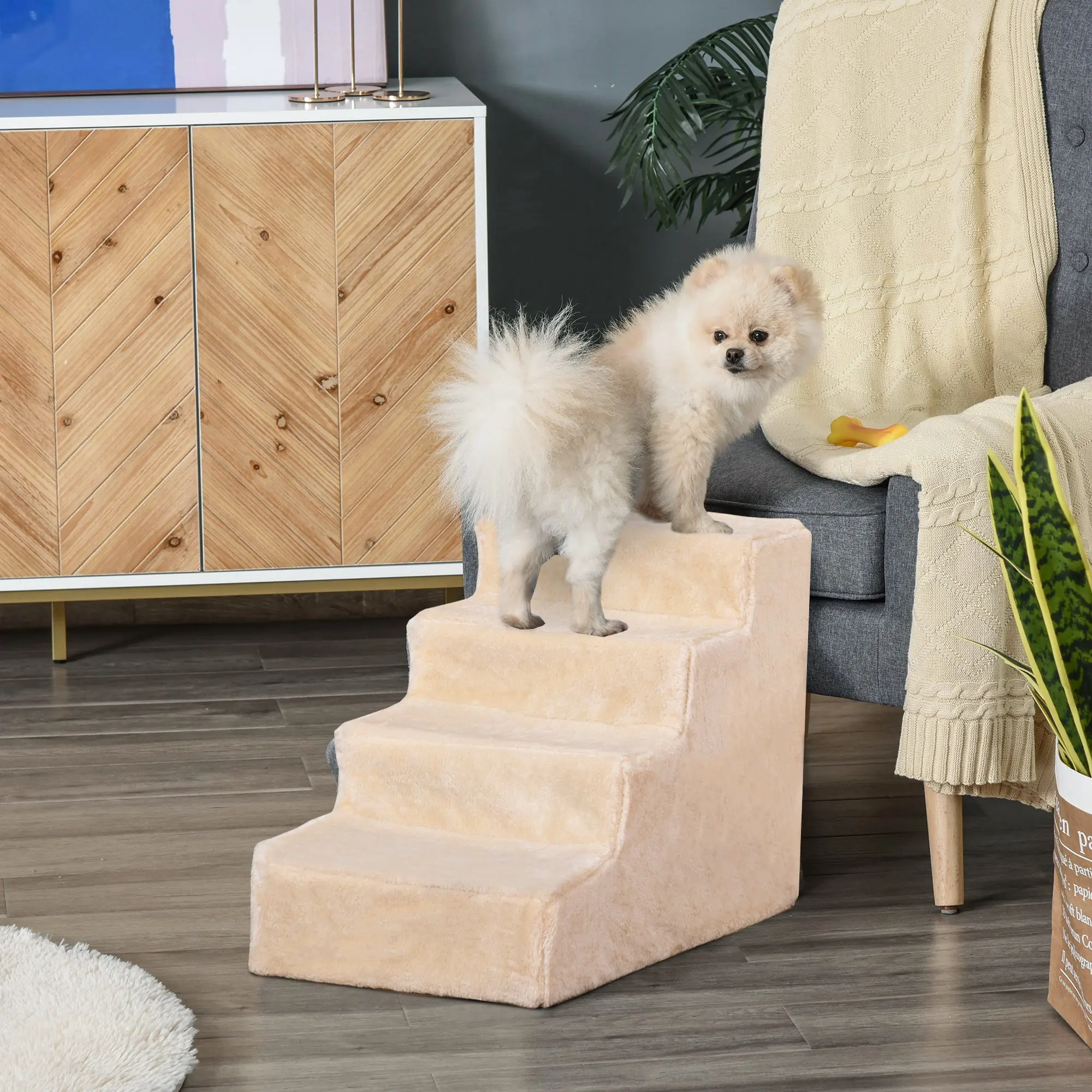PawHut Escalera para Mascotas de 4 Peldaños con Funda Extraíble 60x35x44cm Beige