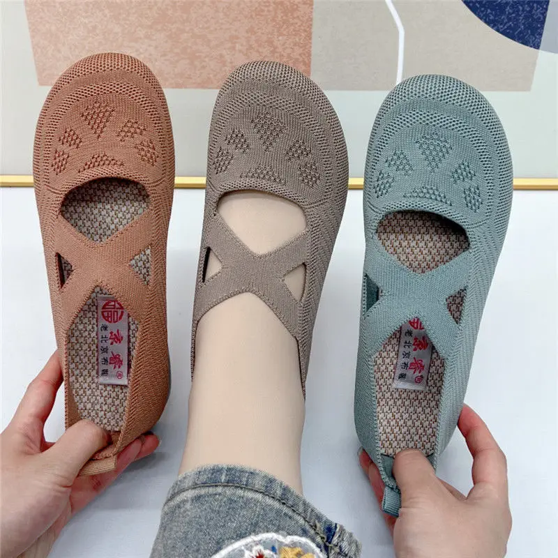 Summer Cheap Mesh Loafers Soft Soled Cross Mary Janes Shoes Lady Ladies Ballet Dance Flats Non-slip Granny Shoes