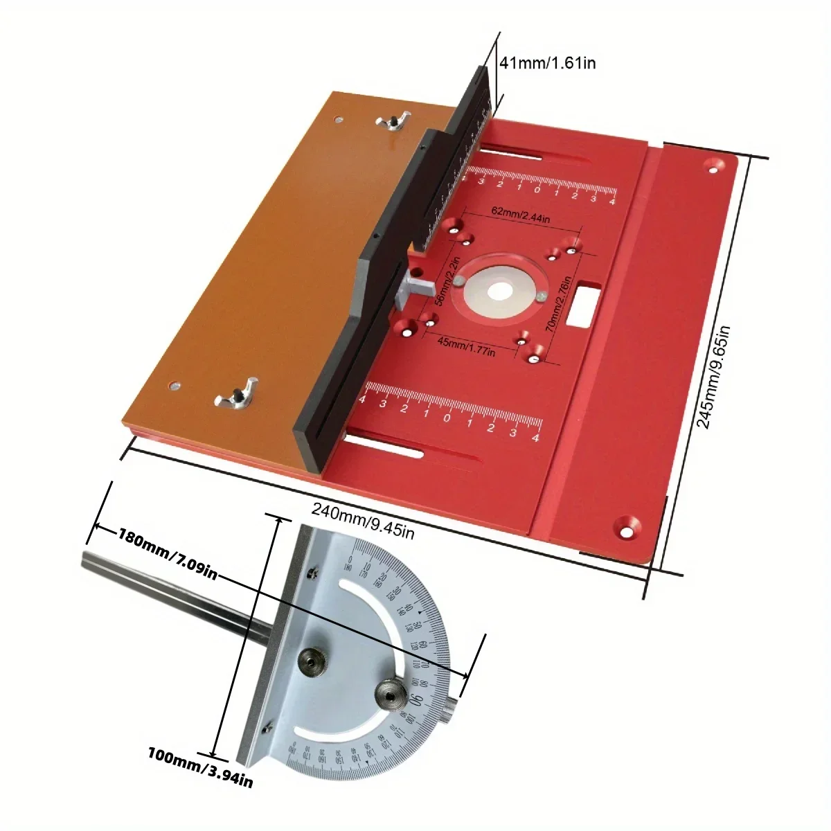 Placa de inserción abatible para espigado de 245 x 240 mm - hecha de aleación de aluminio con valla deslizante y calibre de inglete de 180 grados - Elevador de enrutador