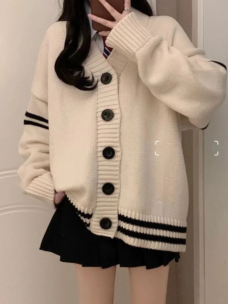 Women Varsity Cardigan with Contrast Trim V-neck Oversized Button Up Knit Sweater Jacket Teen-girl Preppy Style Jersey