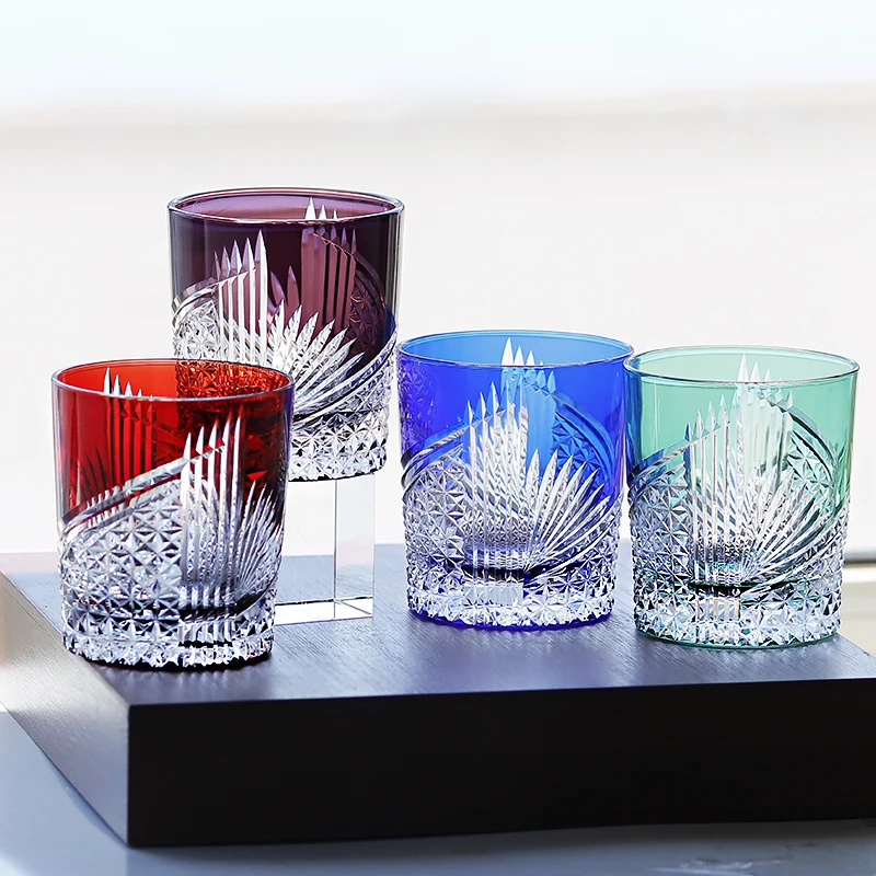 

240 ml Luxury Japanese Edo Kiriko Style Blue coloured Cut Glass Drink Tumbler For Whiskey Iced Beverage