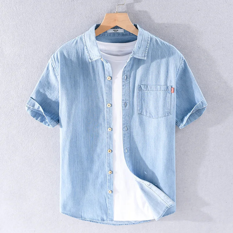 

Men's Summer Thin Cotton Denim Shirt Casual Loose Fit Short Sleeve Vintage Washed Casual Outerwear Youth Fashion Daily Wear