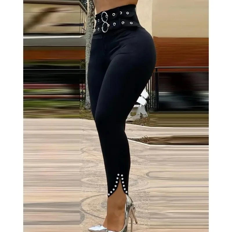 Women High Waist Skinny Pants Eyelet Ring Waistband Pearl Slit Slim‑Fit Trouser Fashion Bodycon Pencil Pants Clubwear Streetwear