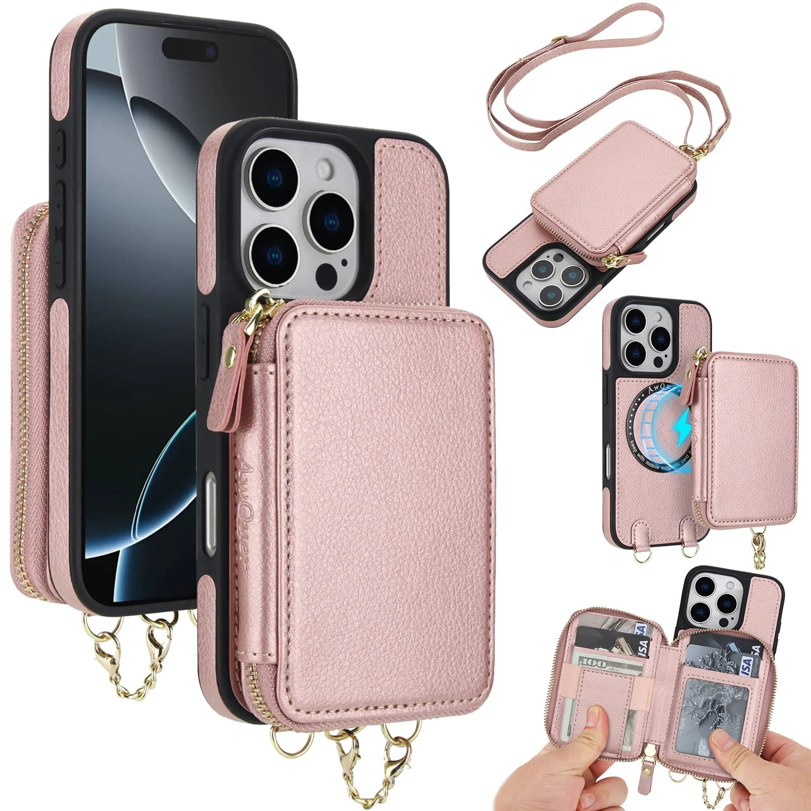 

For iPhone 17/16/15/14/13/12 Pro Max Wallet Case Detachable Crossbody Zipper Purse with Wristlet [Compatible with MagSafe]
