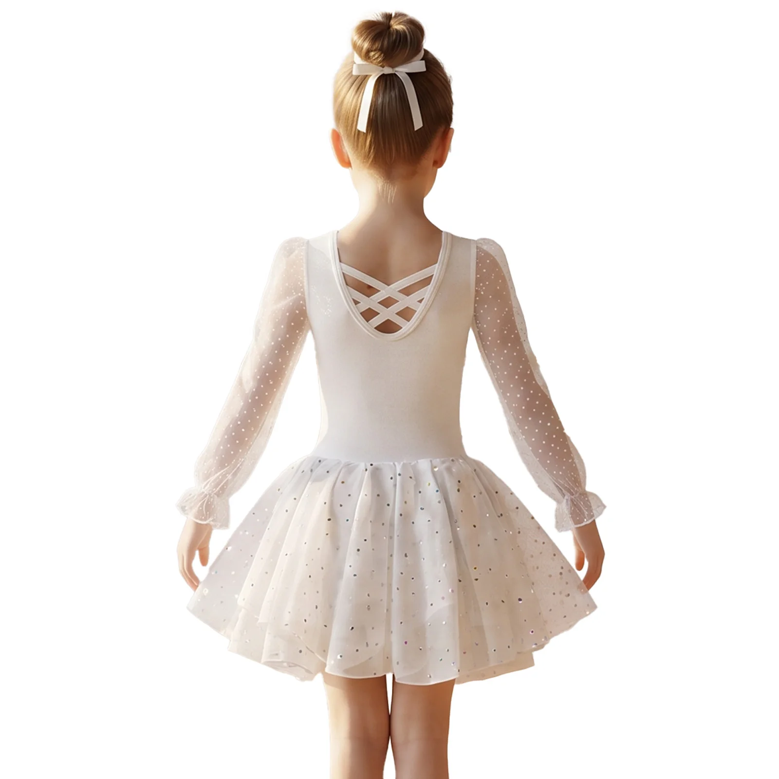 Kids Girls Ballet Dance Dress V-neck Mesh Long Puff Sleeve Cross Back Shiny Rhinestone Dress Gymnastics Leotard Practice Clothes