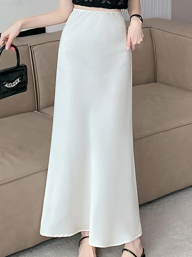 

Elastic Waist French Satin Long Skirt Women's Spring Summer Mid Length A-line Wrapped Hip Skirts Slim Slimming Elegant Fishtail