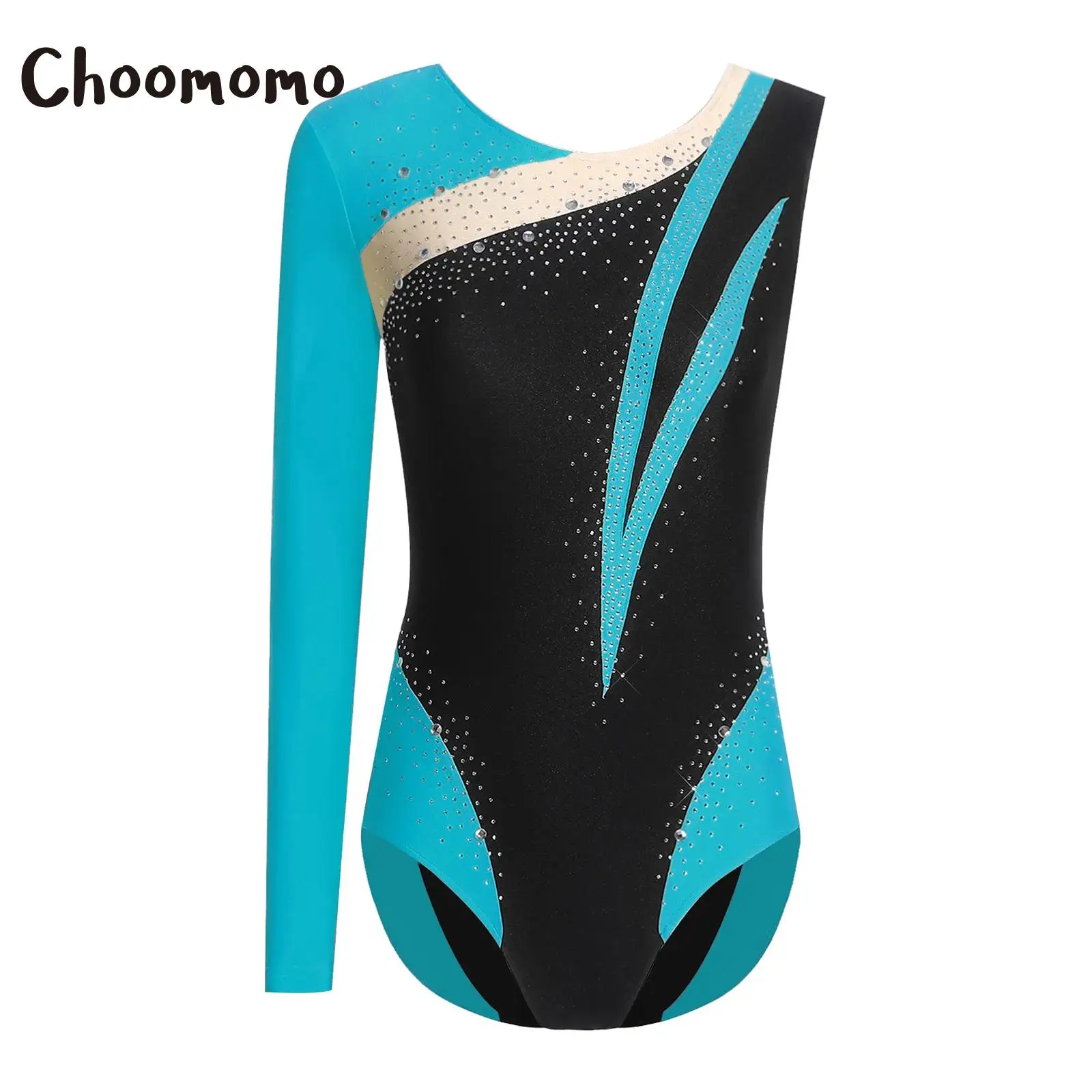 

Women Ballet Gymnastics Leotard Figure Skating Costume One Shoulder Shiny Rhinestones Color Block Asymmetrical Workout Bodysuit