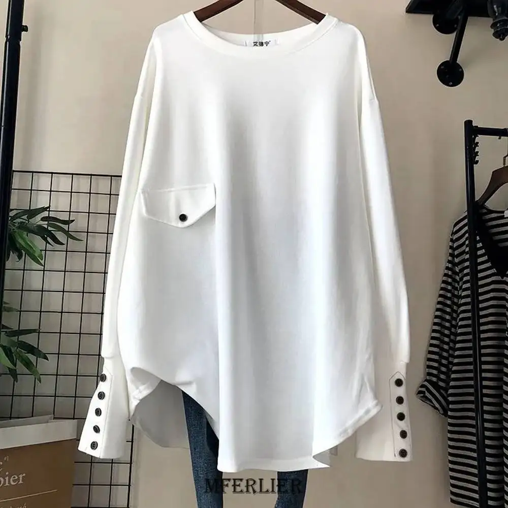 

Plus Size 5XL 150kg Spring Women Long Sleeve T Shirt O Neck Casual Streetwear Tops Button Sleeve Ladies White Solid Color Tee