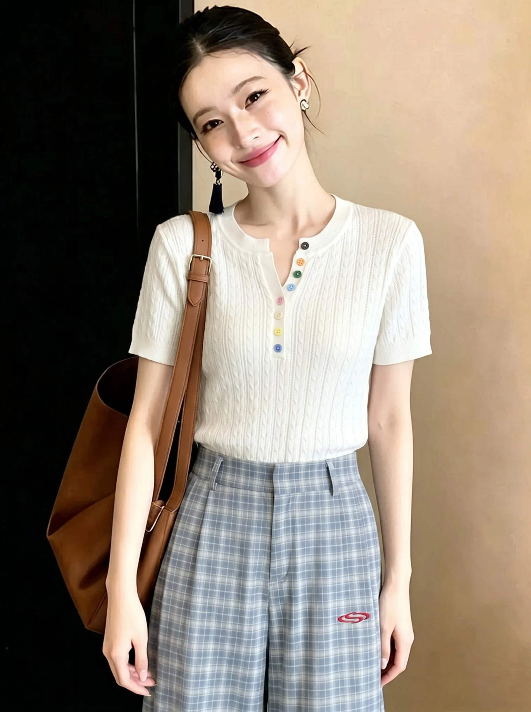 

Korean Style Gentle Button Short Sleeve Women's T-shirt Summer New Design Slimming Knitted Top Fashionable Youthful