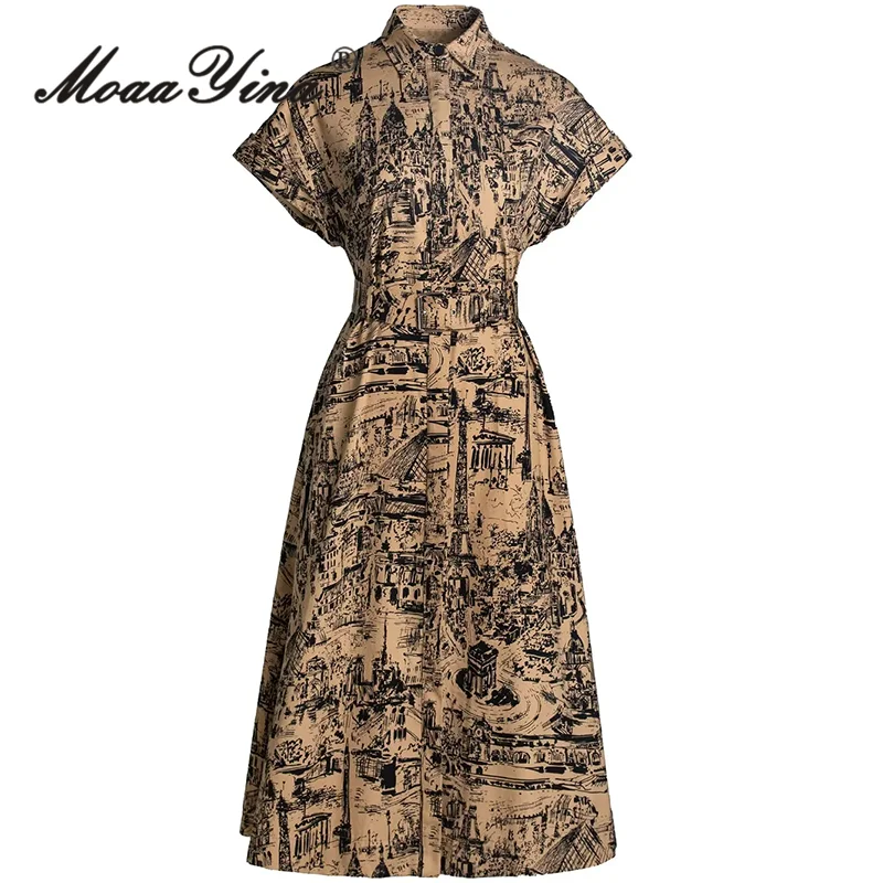 

MoaaYina Summer Fashion Designer High Quality Cotton Women Dresses Bohemian Vintage Print Sashes Single Breasted Dresses