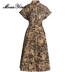 MoaaYina Summer Fashion Designer High Quality Cotton Women Dresses Bohemian Vintage Print Sashes Single Breasted Dresses