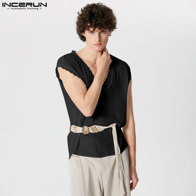 INCERUN Men Tank Tops Lace Patchwork V Neck Sleeveless Casual Male Vests Summer Loose Streetwear 2024 Fashion Men Clothing S-5XL