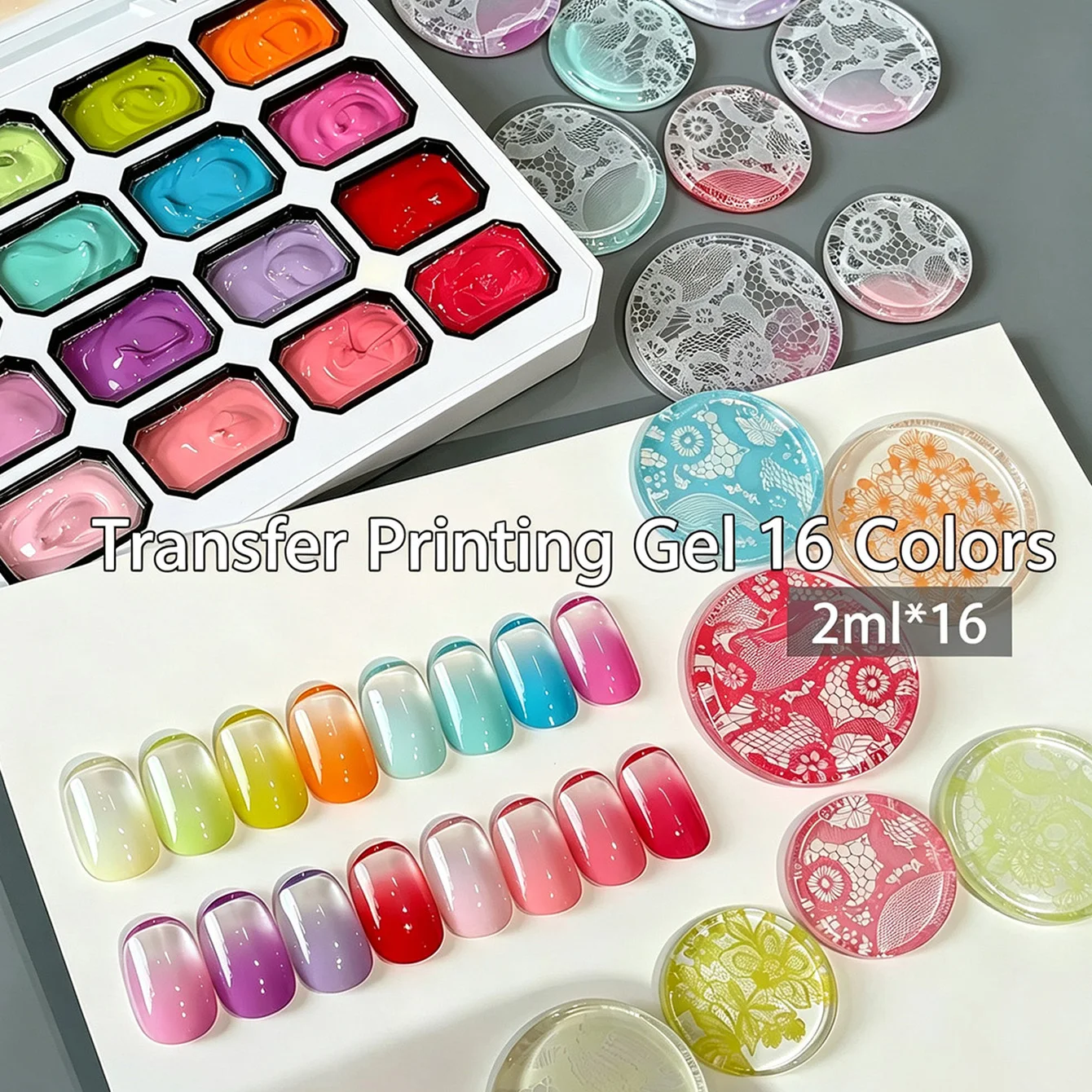 16 Farben Solid Patting Transferdruck-Gel-Set, No-Wipe Nail Art Gel-Lack, hohe Sättigung, Farbverlauf, Blush Painting Gel, UV LED – Detail 2