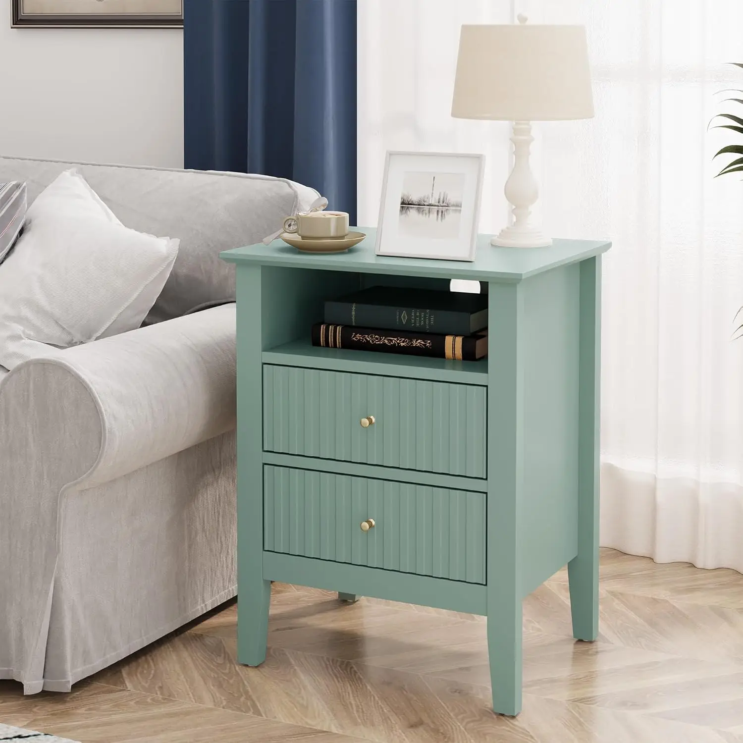 

Green Fluted Nightstand with 2 Drawers, Colorful Nightstand for Bedroom, Modern Wooden End Table with Storage for Small Spaces,