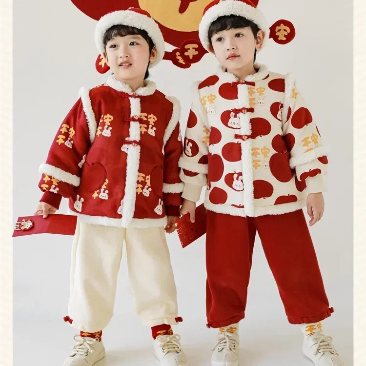 Traje Tang bordado chino de Año Nuevo para niños, conjunto de 2 colores, Hanfu rojo, algodón polar, abrigo grueso y cálido, pantalones de invierno, disfraz para niños