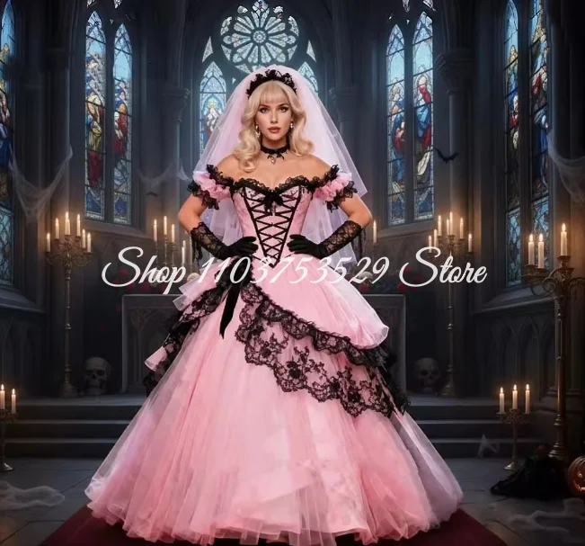 Custom Dreamy Pink Gothic Wedding Dress Lace Tulle Sweet Punk Bridal Gown Special Occasion Prom Dress Halloween Vintage Gothic