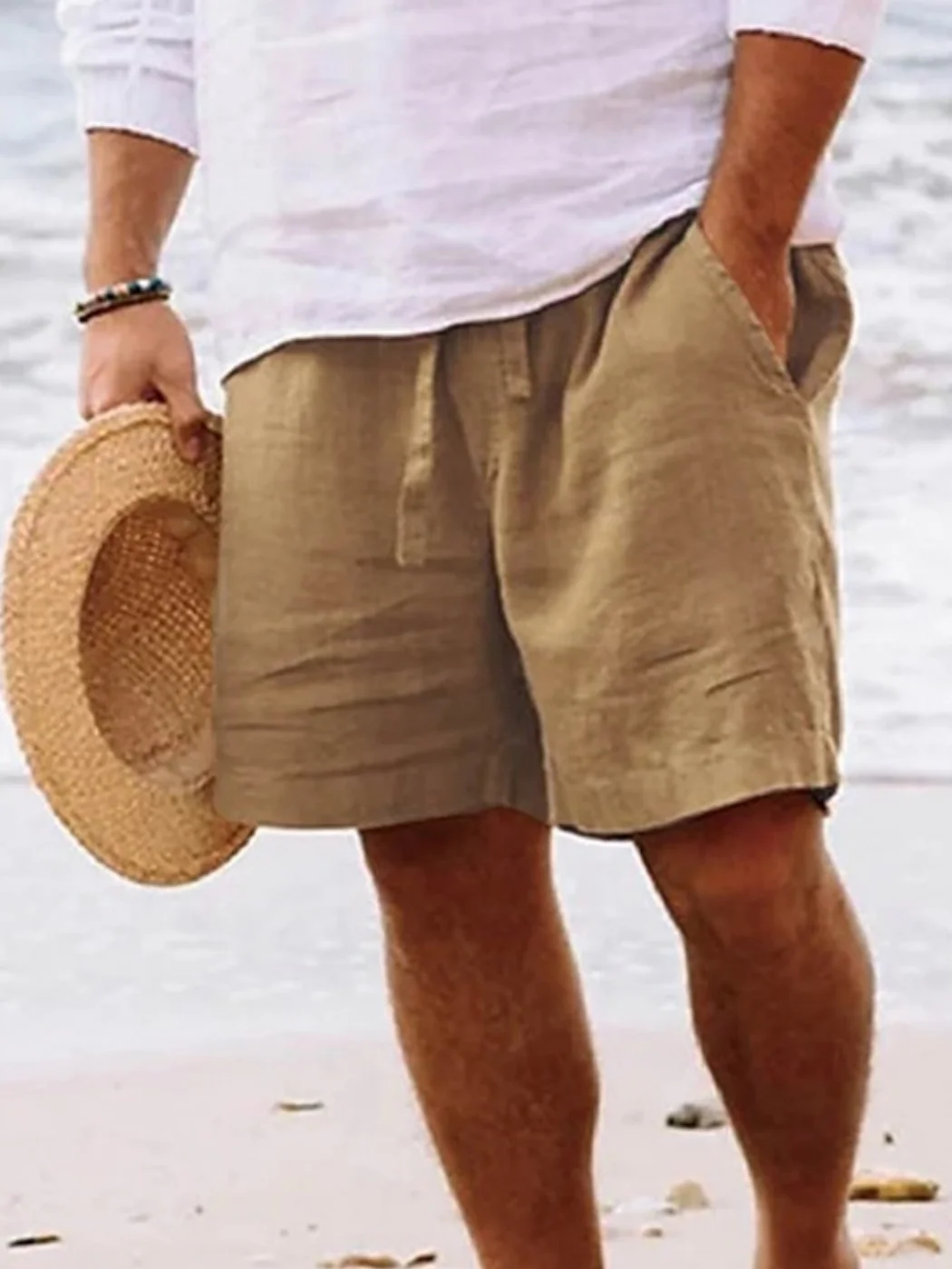 

Cotton Linen Men's orts Summer 2026 Dstring Elastic Waist Straight Leg Color Comfortable Breathable Daily Beach Pants