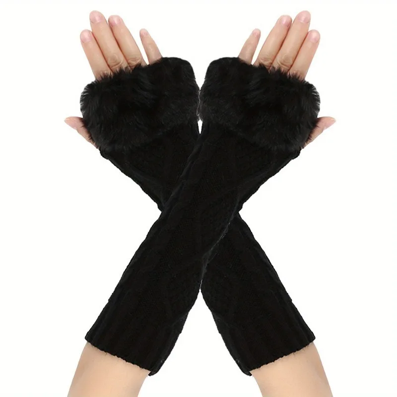 

Women Fingerless Gloves Knit Gloves Patchwork Stretchy Soft Winter Warm Long Mittens