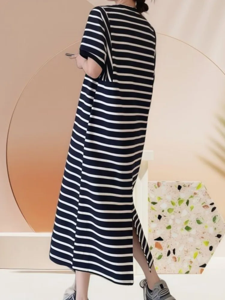 Spring Summer Blue And White Striped Loose Midi T-Shirt Dress Short Sleeve Maxi Dress New Arrival Women's Clothing Dress