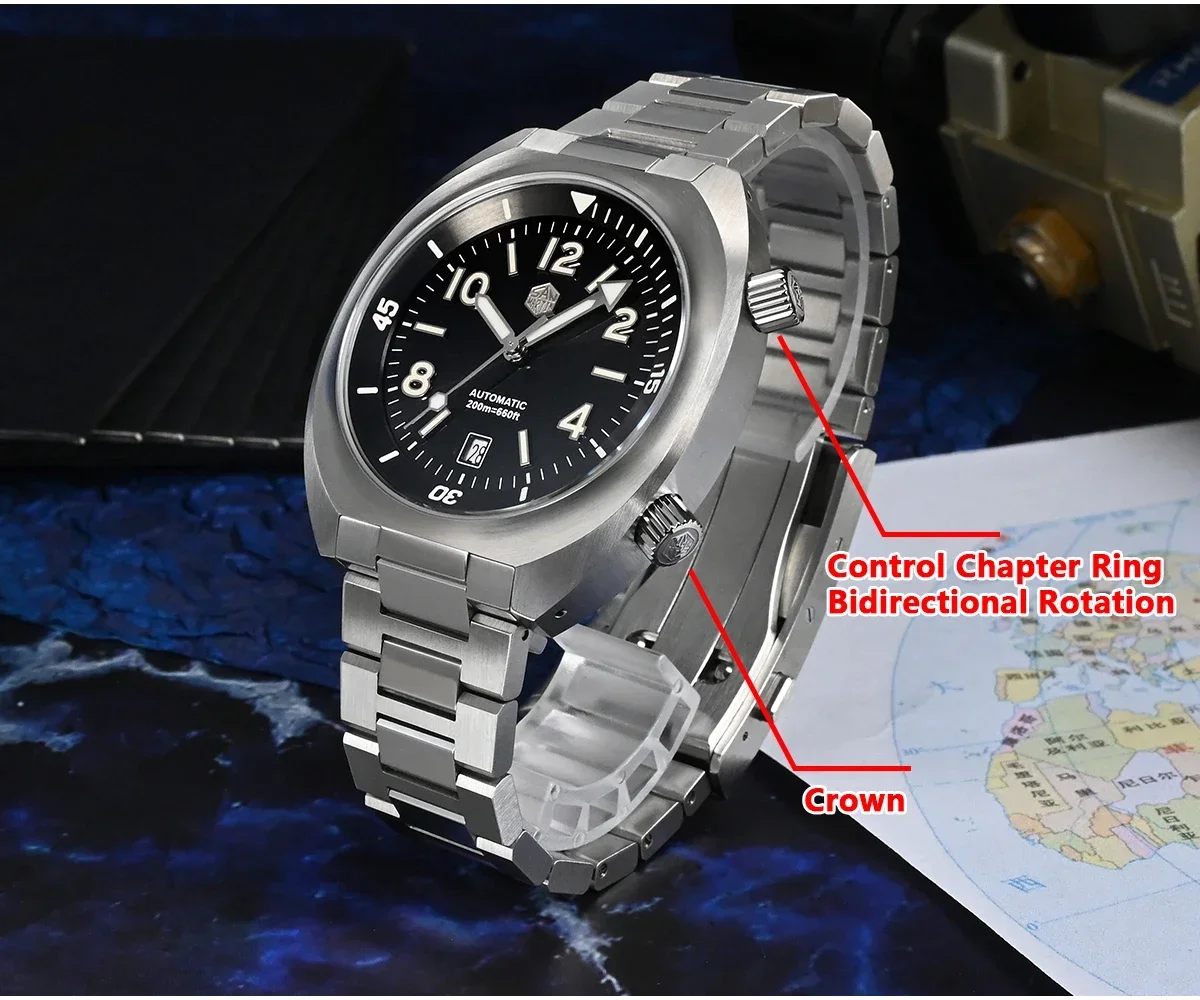 San Martin Men Diving Watch YN55 Button Control Bidirectional Turn Chapter Ring Automatic Mechanical Sapphire Waterproof 200m