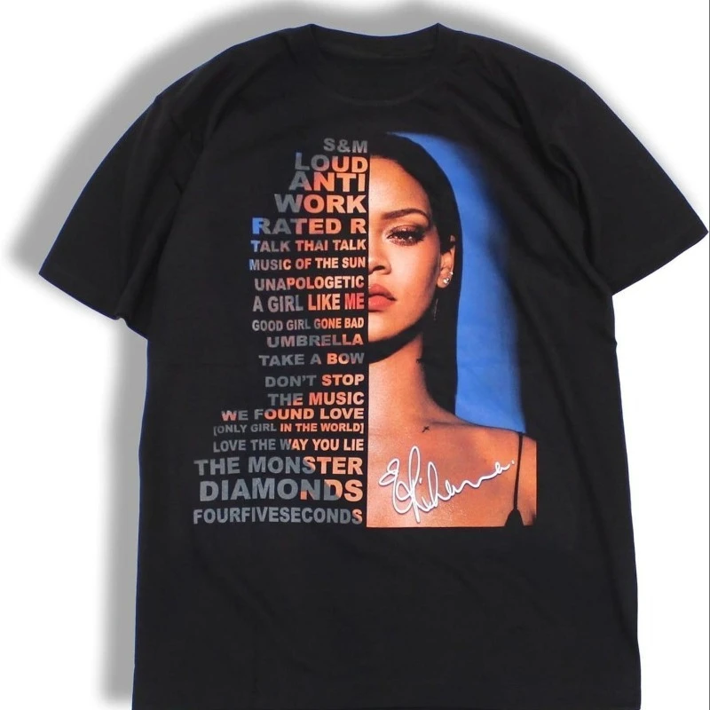 Rihanna Men Women Rapper Print T-Shirt Short Sleeve Artist Double Sided Print Crew Neck Loose Edition Fashion Unisex Streetwear