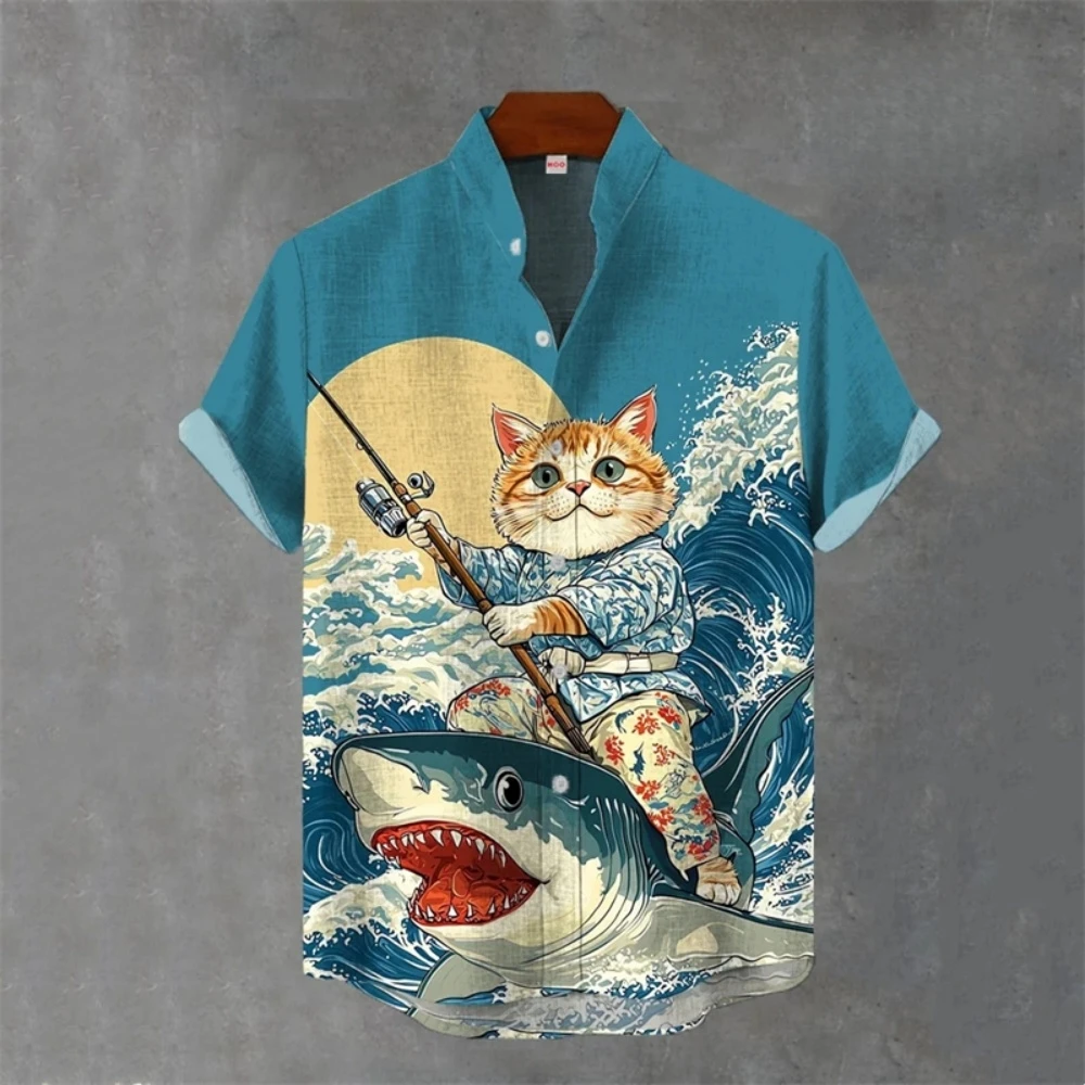 

Japanese Cat 3D Animal Graphic Men's Shirt Summer Casual Short Sleeve Tops Hawaiian Shirt Men Oversized Lapel Button T-Shirt Man