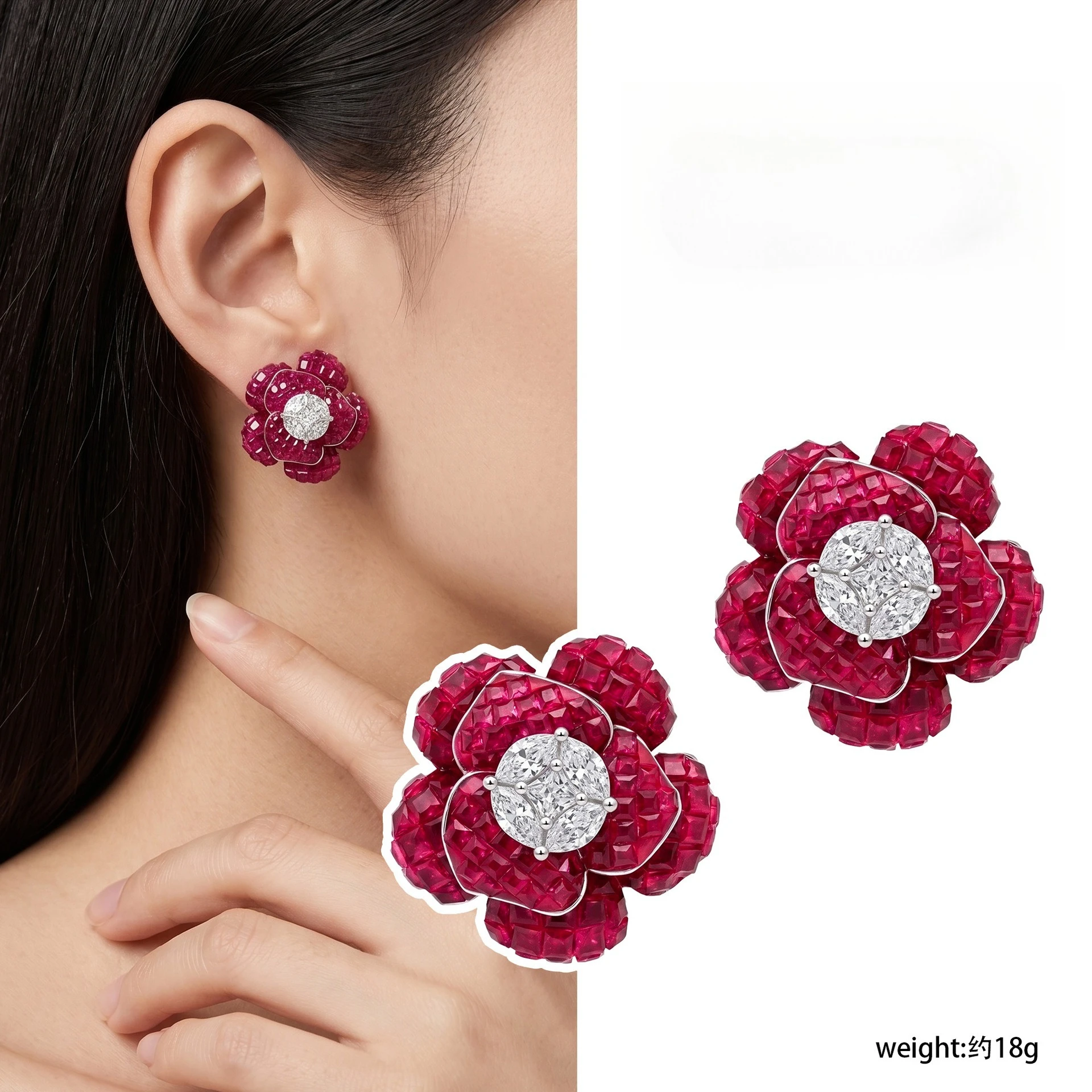Lab-Grown Ruby Princess Cut Invisible Setting Flower Stamen Earring 925 Sterling Silver Engagement Daily Fine Jewelry For Women