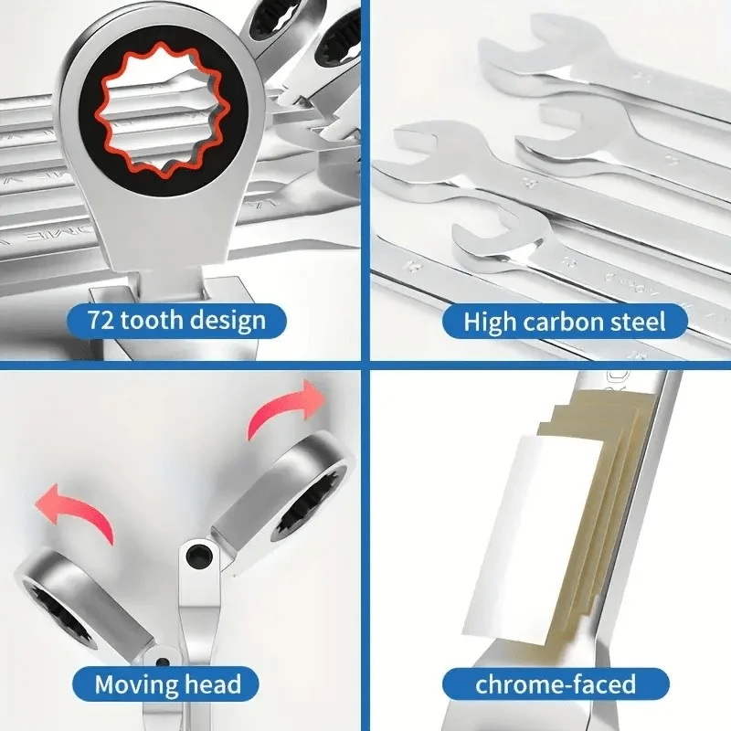 مجموعة مفاتيح ربط برأس مرن مكونة من 12 قطعة، مجموعة مفاتيح تصعيد، متري 8-19 مم، 72 سنًا، مجموعة مفاتيح ربط بسقاطة من الفولاذ Cr-V مع حقيبة