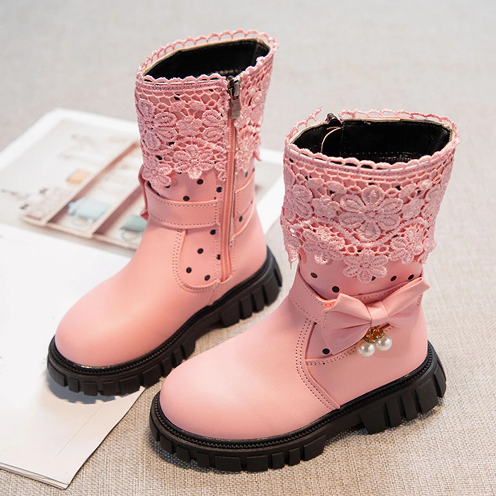 

Children Mid Calf Boots Fashion Sweet PU Leather Boots Lace Beautiful Bowtie Elegant Princess Shoes Winter Kids Classic Boots