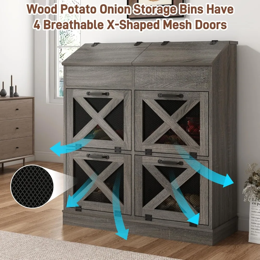 صندوق خبز خشبي كبير مع 6 صناديق تخزين و4 أبواب شبكية للخضار والبصل والبطاطس #1