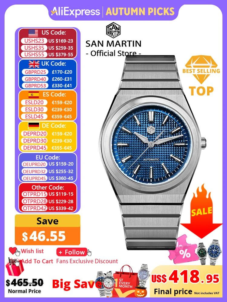 San Martin 39mm Luxury Men Sports Watch Waffle Dial Integrated Bracelet Miyota 90S5 Automatic Mechanical Clear Caseback SN0152