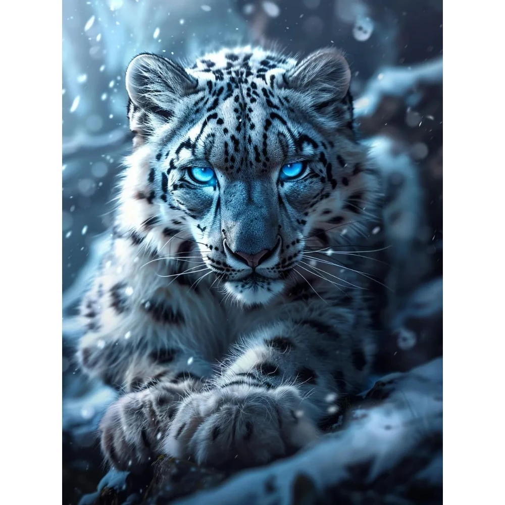 Snow Leopard Moonlit Reflection Jigsaw Puzzle: Blue-Eyed Wild Cat in Snowy Mountains, 1000pcs Artistic Wildlife Gift for Adults