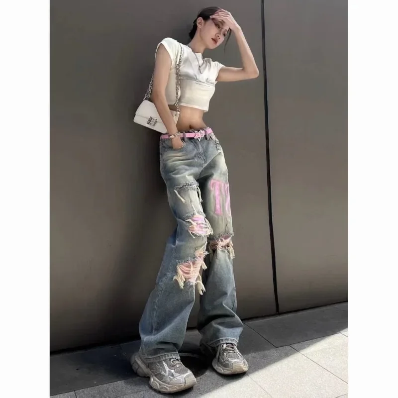 Women's Jeans Blue Micro Flare Pink Hole Raw Edge Jeans Vintage High Street Trendy Wide Leg Floor Dragging Pants Lady's Clothing