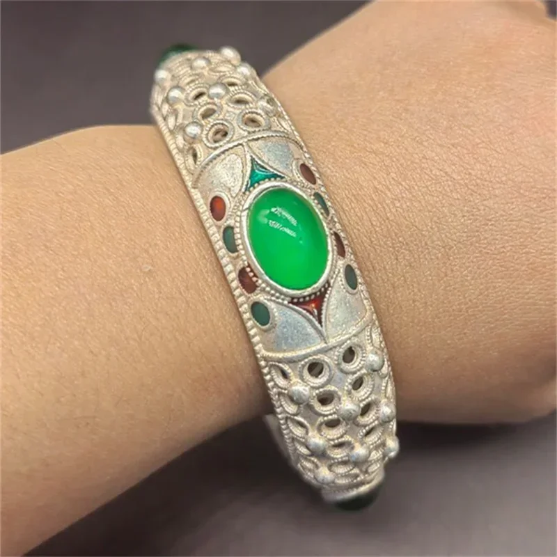 

JiaLe/China Imitation Antique Tibetan Silver Inlaid Green Jade Bangles Fashion Accessories Fine Jewelry Men Women Couple Gift