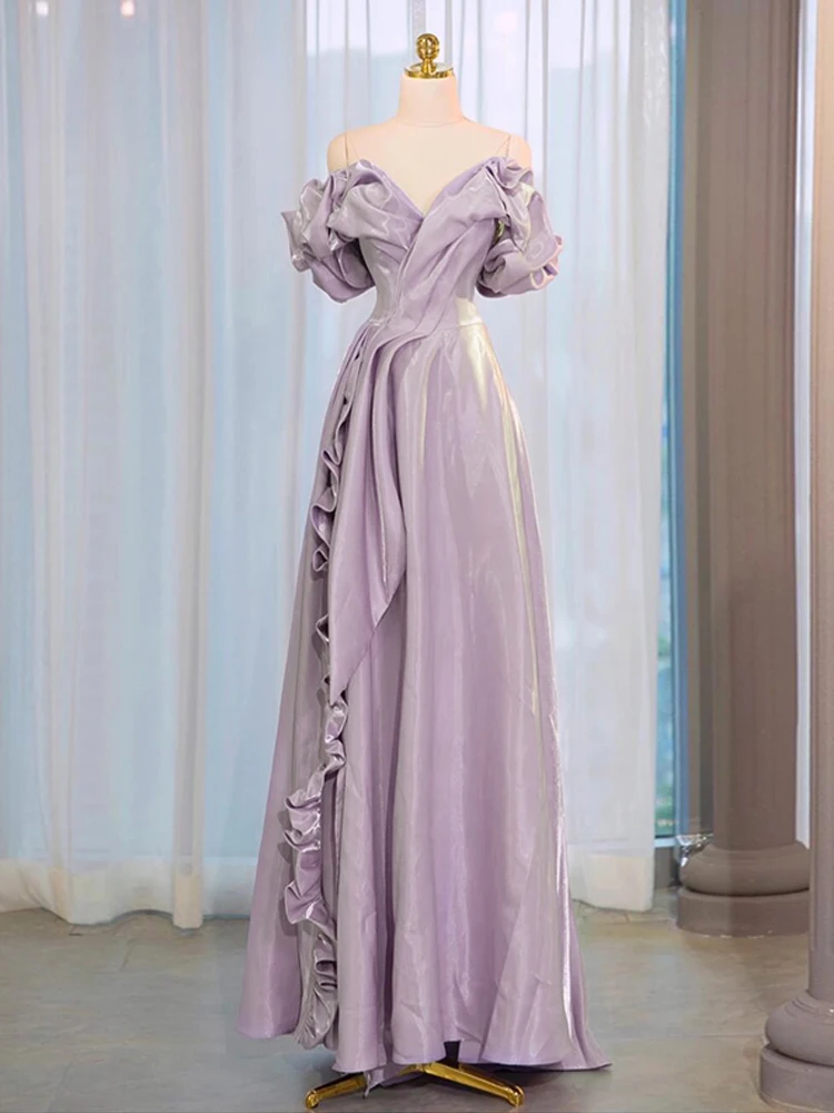 Abiti da sera in raso viola Pieghe da donna a strati con spalle scoperte Una linea Abito da festa con spacco laterale Eleganti abiti formali De Soirée